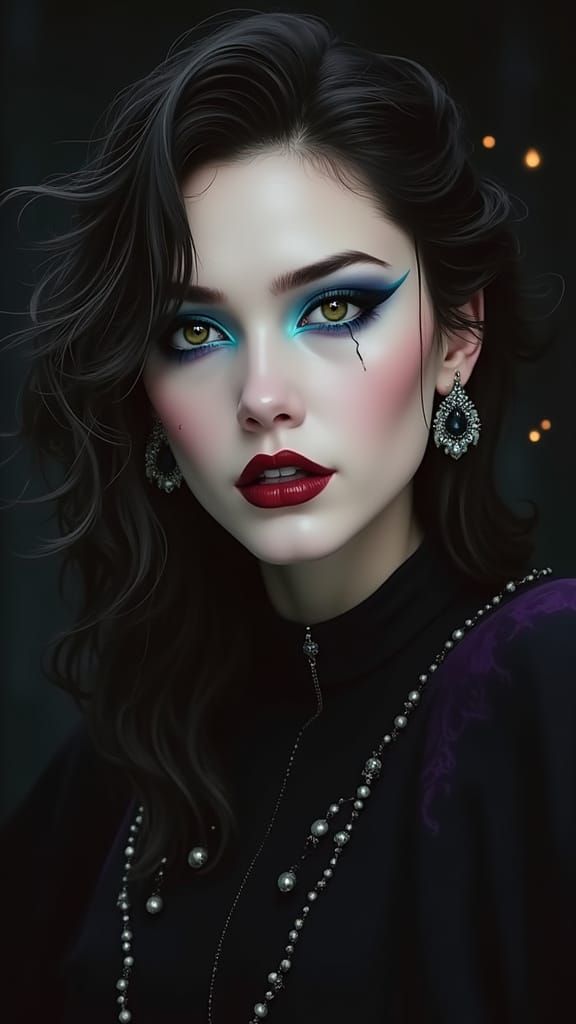 Vampiress in Mystical Darkness, Vibrant Oil Painting