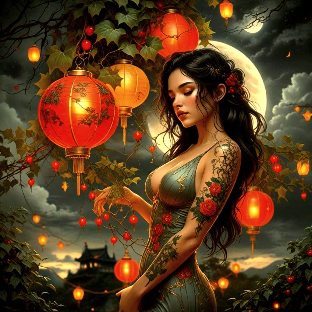 Enchanted Red Botanic Beauty Basks in Moonlit Garden