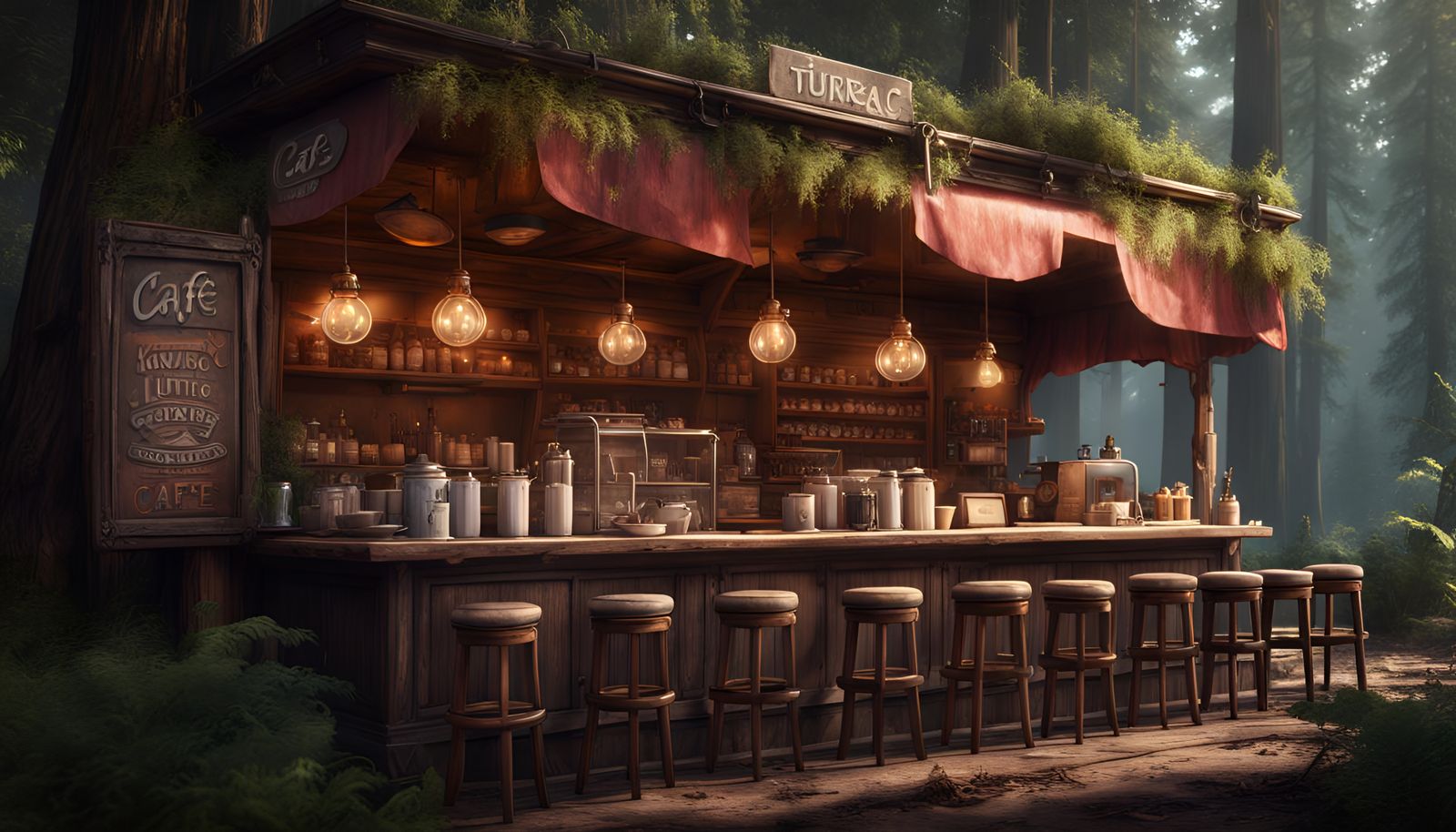 Rustic Cafe in Redwood Forest: Detailed Matte Painting