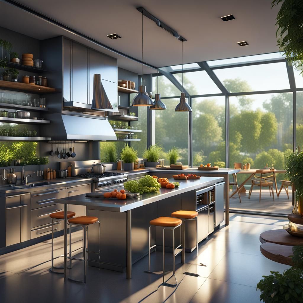 Solarpunk Kitchen with Garden View in 8K