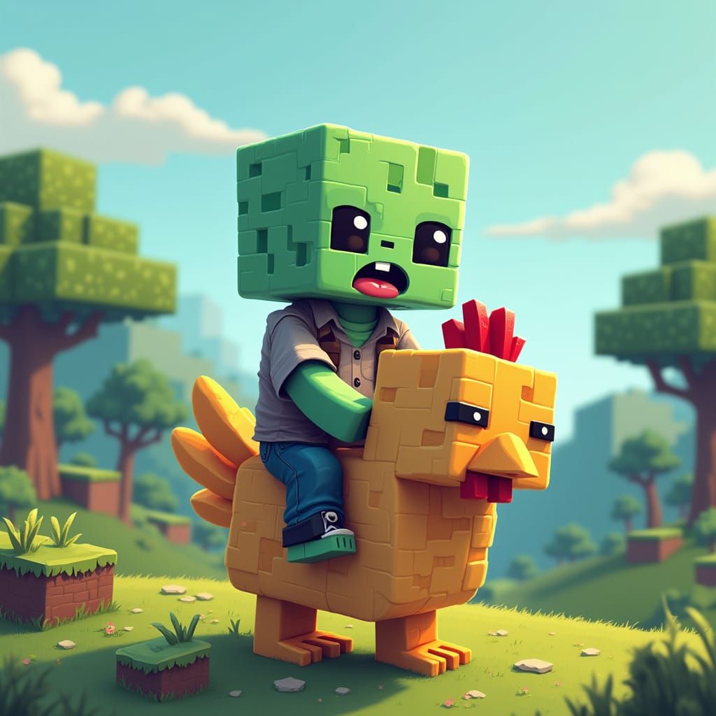 Pixelated Zombie Rides Whimsical Blocky Chicken in Minecraft...