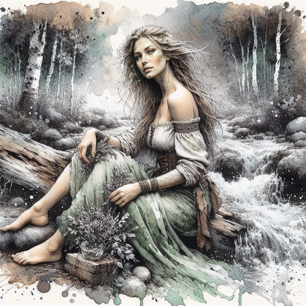 Ethereal Goddess of Healing in Whimsical Ink and Watercolor