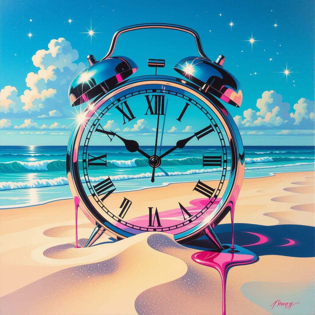 Surreal Beach Scene with Melting Clock in Oil