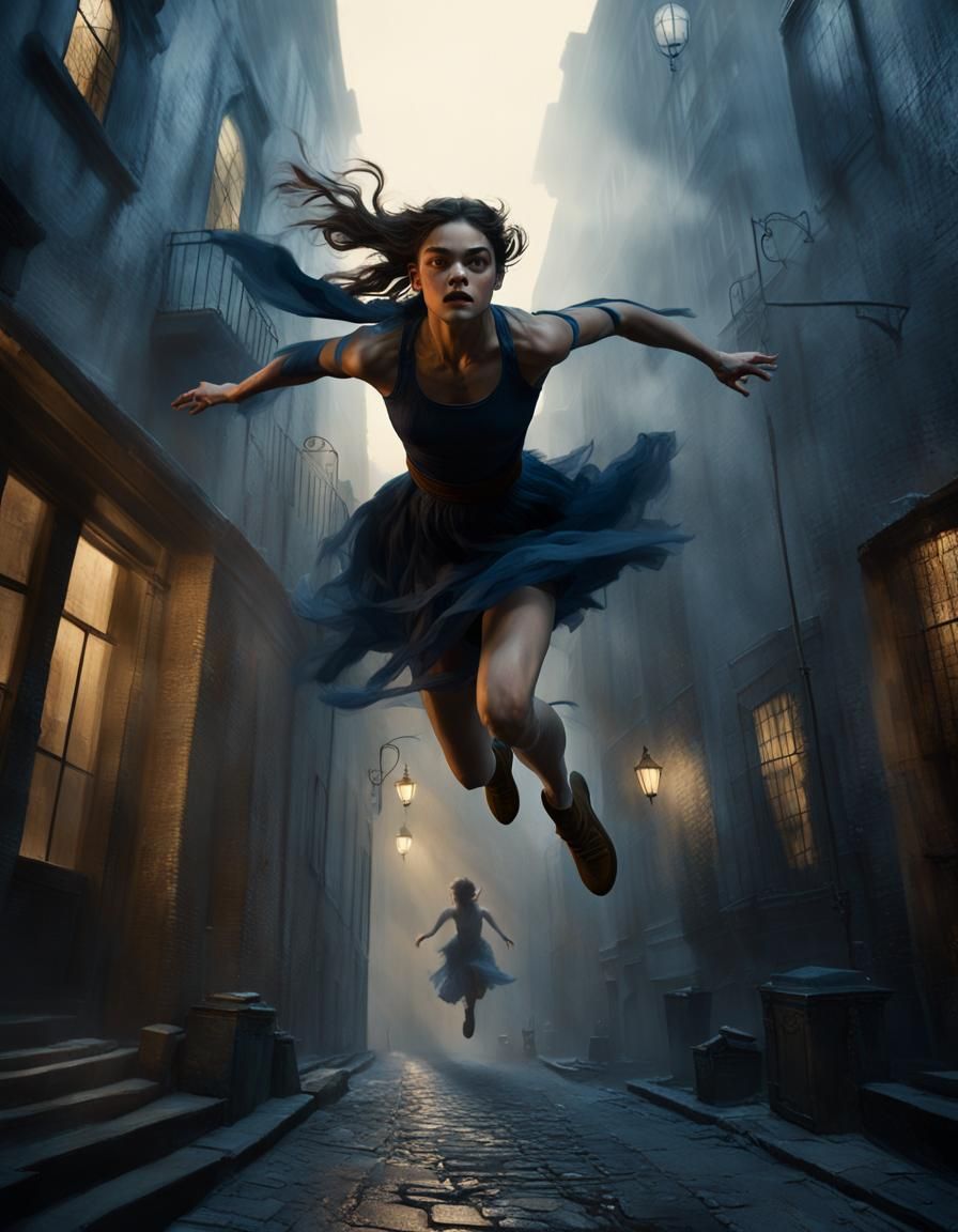 Gothic Adventuress Leaping Through Misty Alleyway