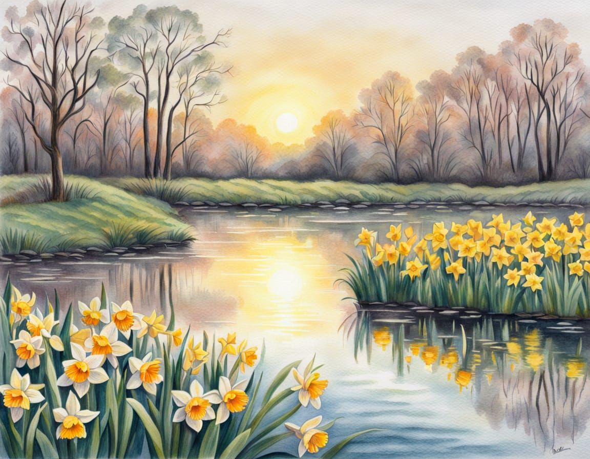 Vibrant Spring Sunrise on a Tranquil Lake