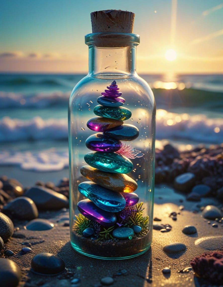 Surreal Oceanic Masterpiece: Stacked Stones in a Bottle