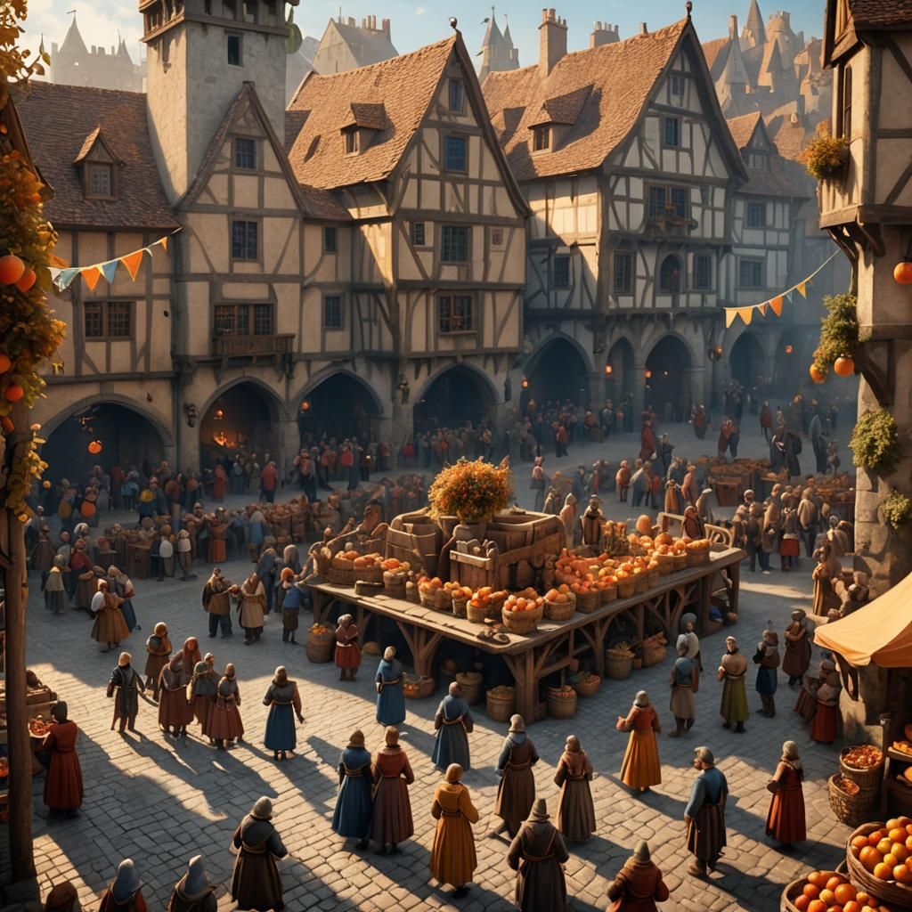 Medieval Apple Harvest Festival in Golden Light