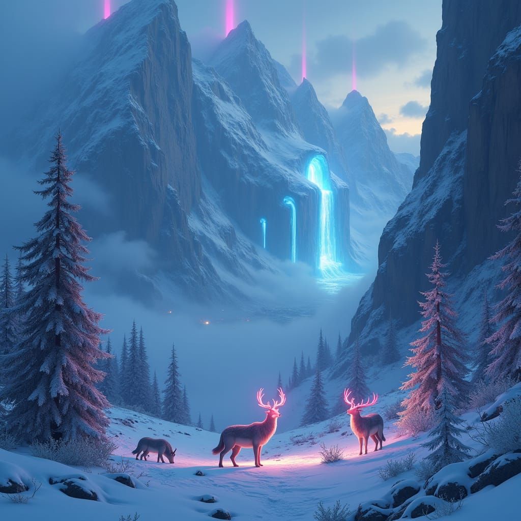 Glowing Crystal Caves in Snow Mountains, Fantasy Art