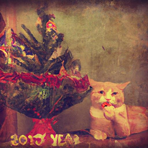 Retro Funny Cat Celebrates New Year