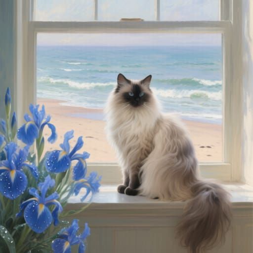 Majestic Ragdoll Cat by Blue Flowers with Ocean Vista