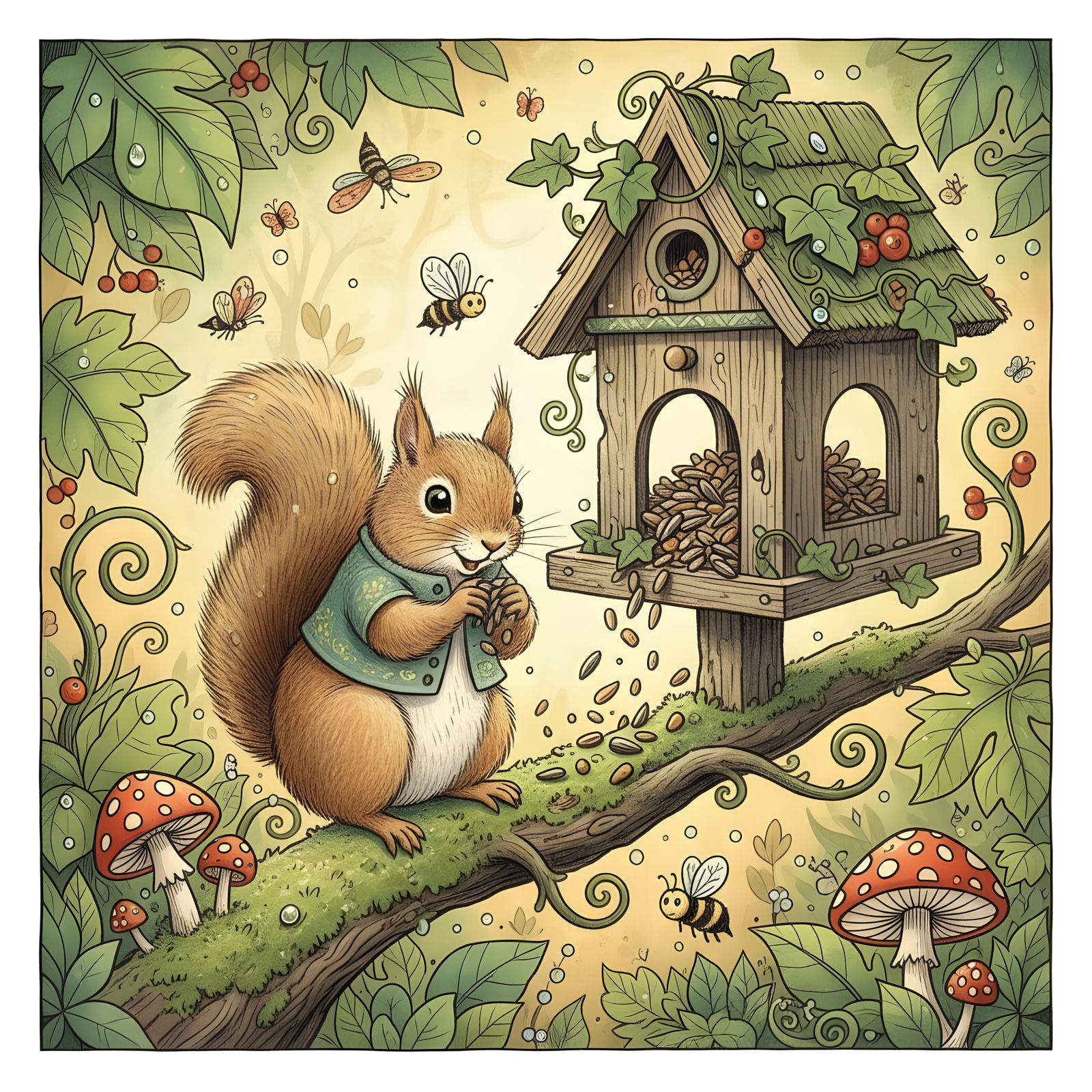 Fuzzy Squirrel Raids Bird Feeder