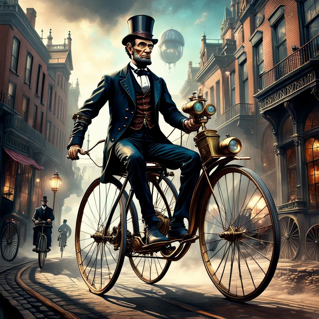 Steampunk Abraham Lincoln on Penny-Farthing Bicycle