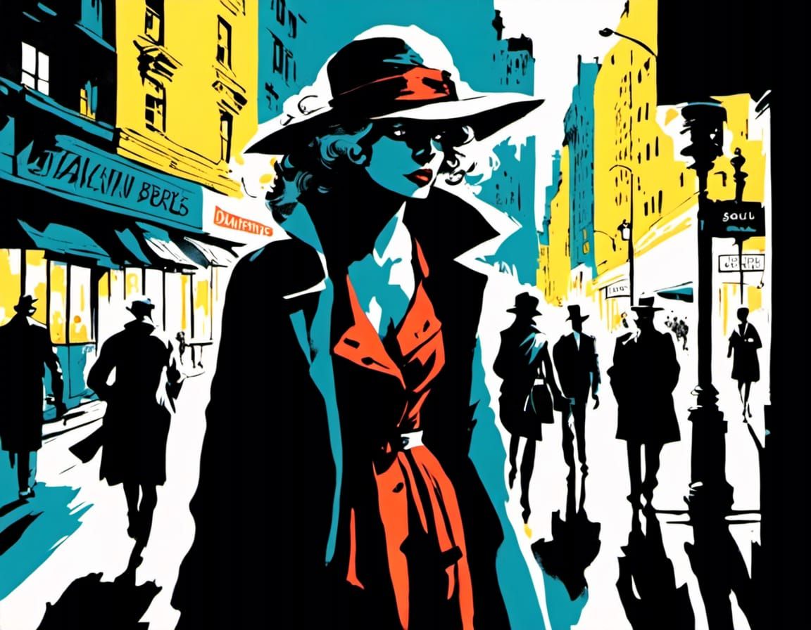 Noir Cityscape Graphic Novel Illustration with Vibrant Color...