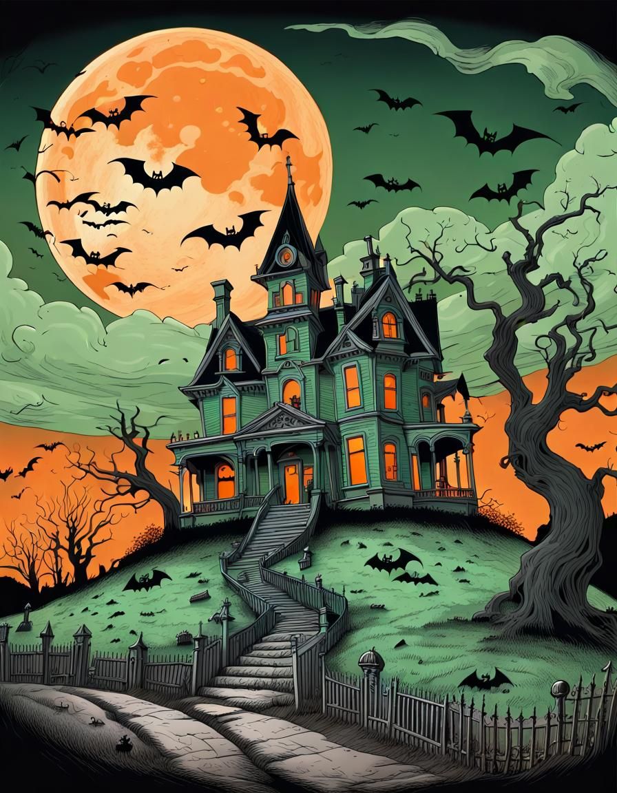 Halloween Haunted House in Comic Book Style