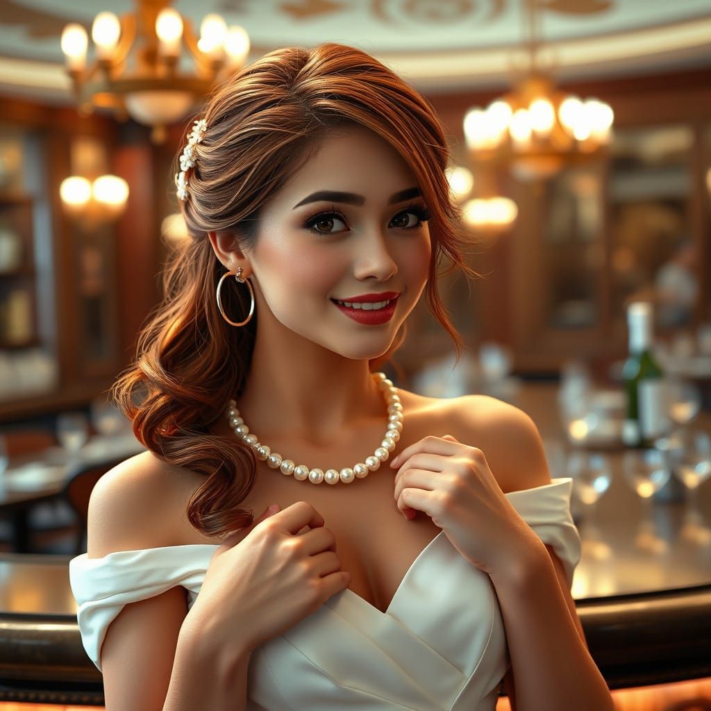 Bride at the Bar in Elegant White Satin Gown
