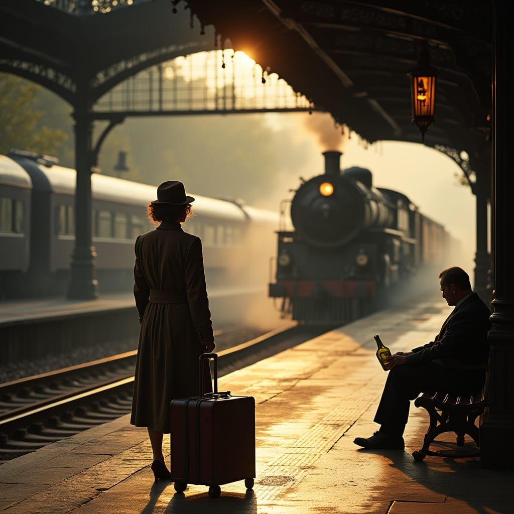 1930s Woman at Train Station in Film Noir Style