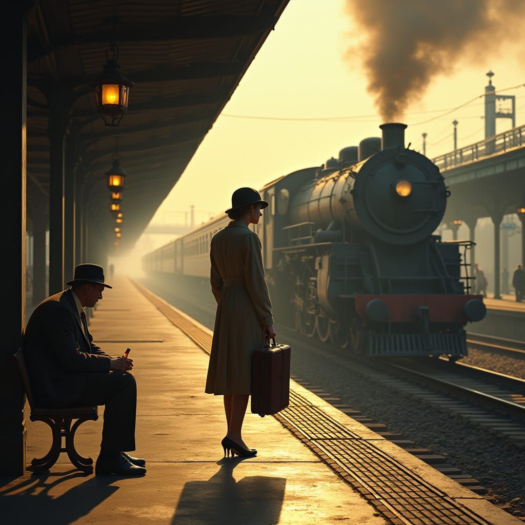 Depression-Era Woman at Train Station in Photorealistic Styl...