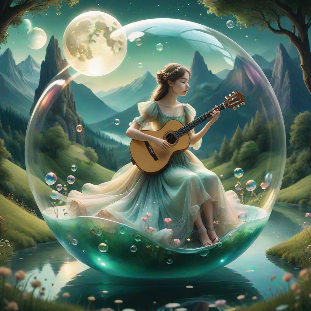 Woman in a Soap Bubble Boat Under Moonlit Mountains
