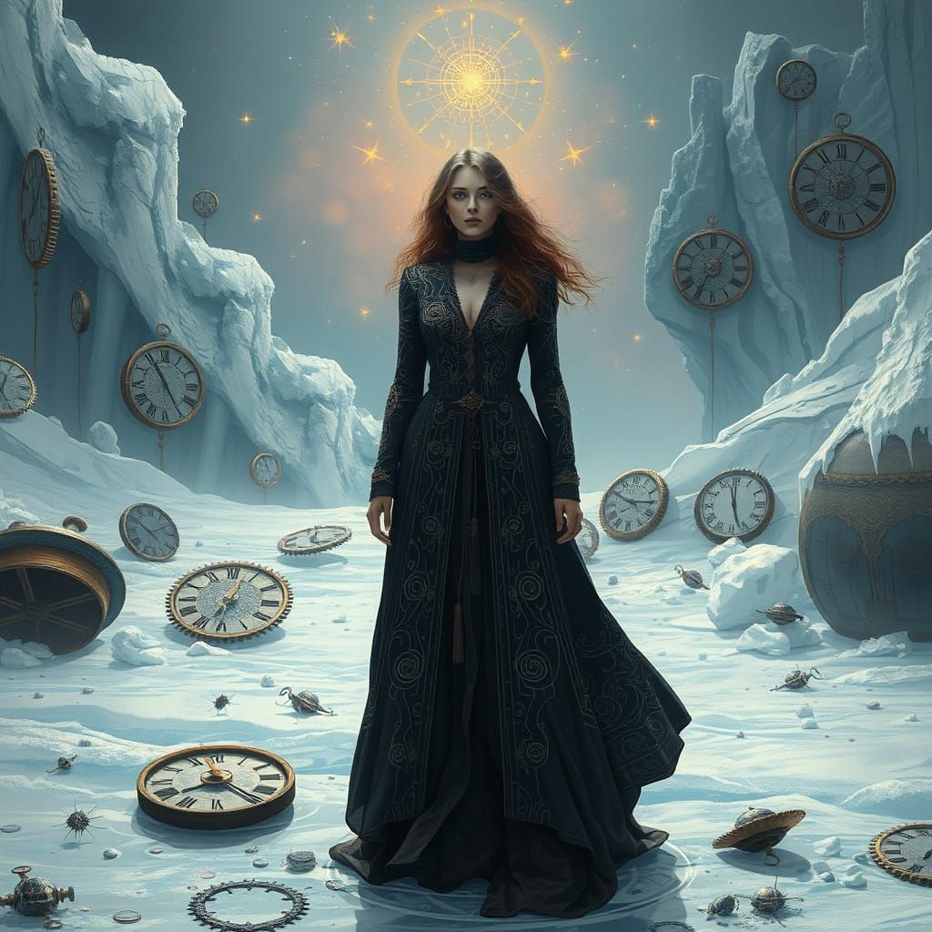 Icy Landscape with Celestial Woman and Shattered Clocks