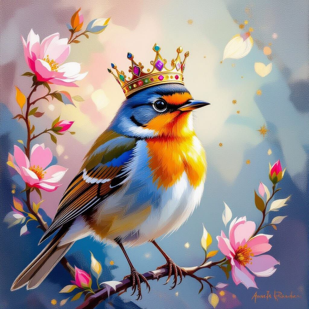 Robin with Crown in Impressionistic Style