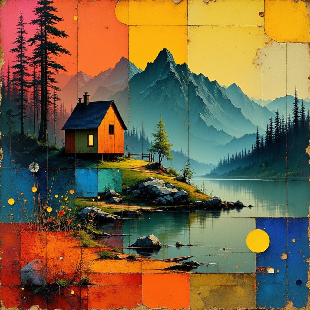 Colorful Vintage Cabin by Mountain Lake at Night