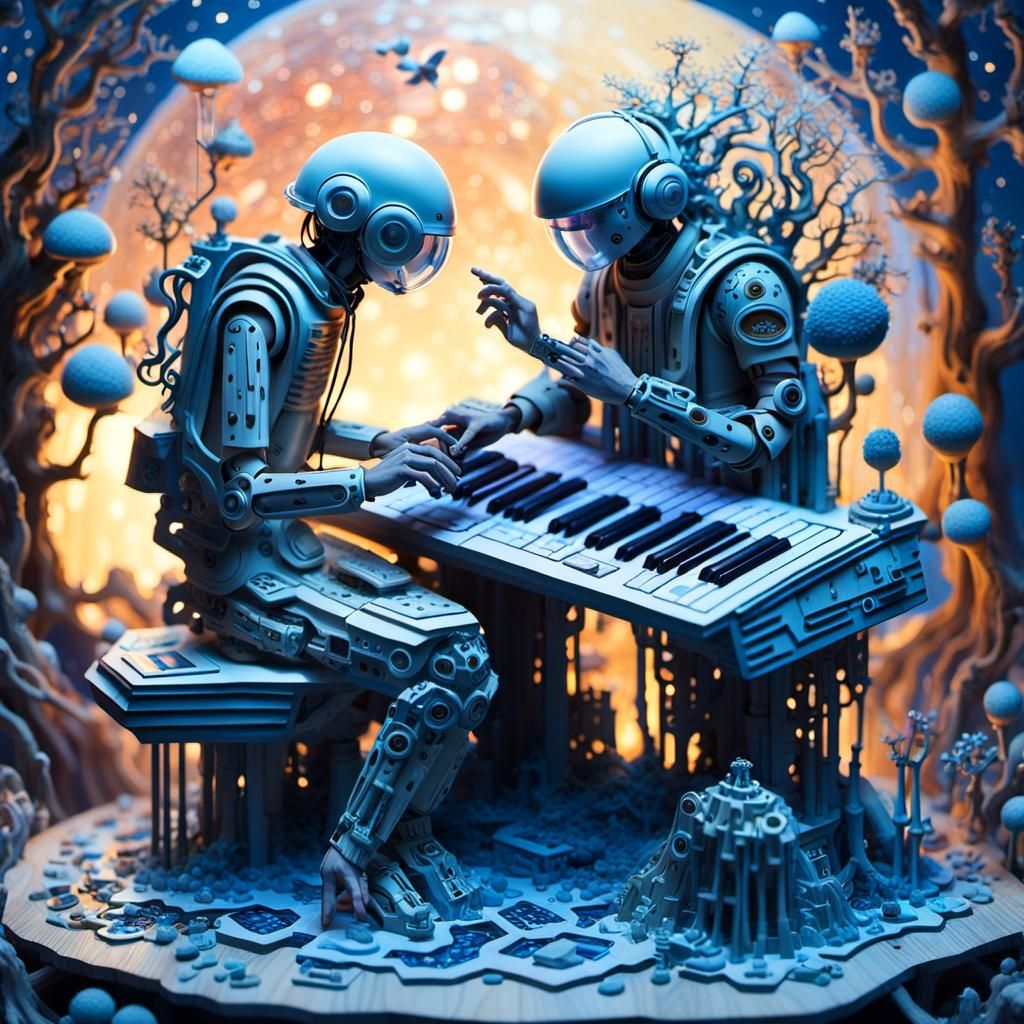 Ethereal Figures Compose Poems in Sunset Galaxy