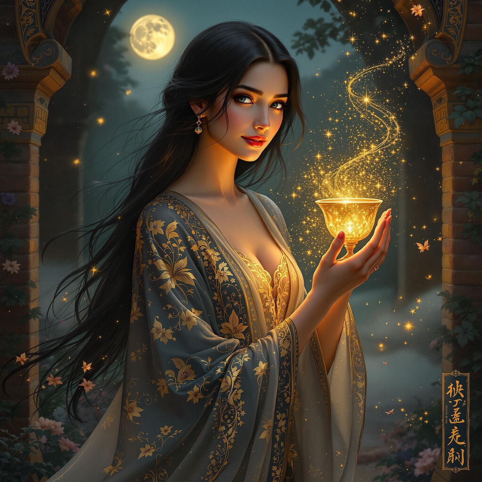 Iranian Woman in Khayyam’s Garden: Digital Art Nouveau Paint...