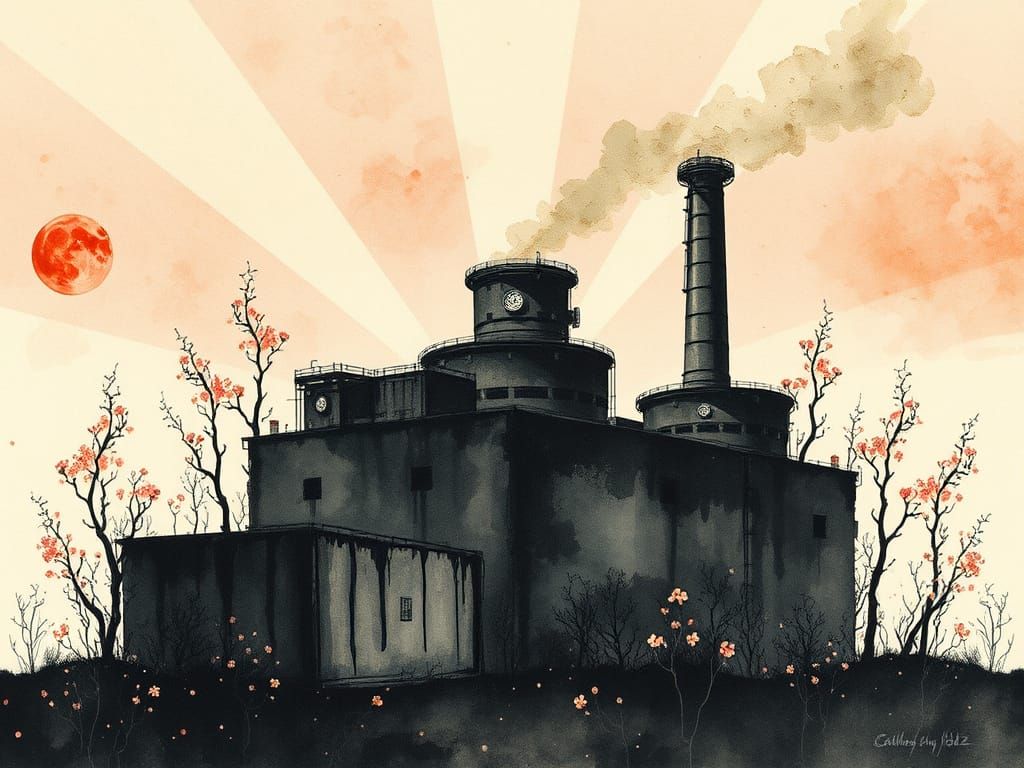 Post-Apocalyptic Chernobyl Reactor 4 Blossoms in Watercolor