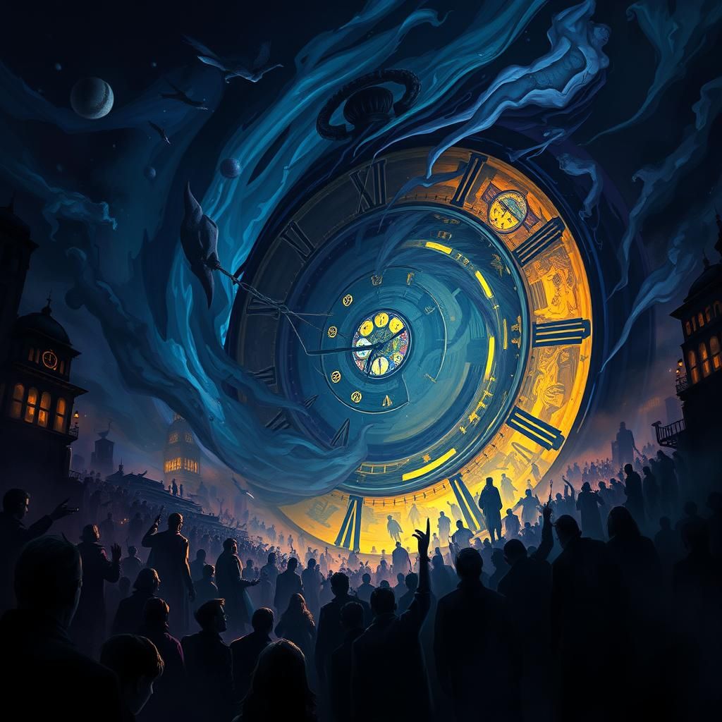 Ominous Spiral Watch Engulfs Society: Dark Fantasy Art