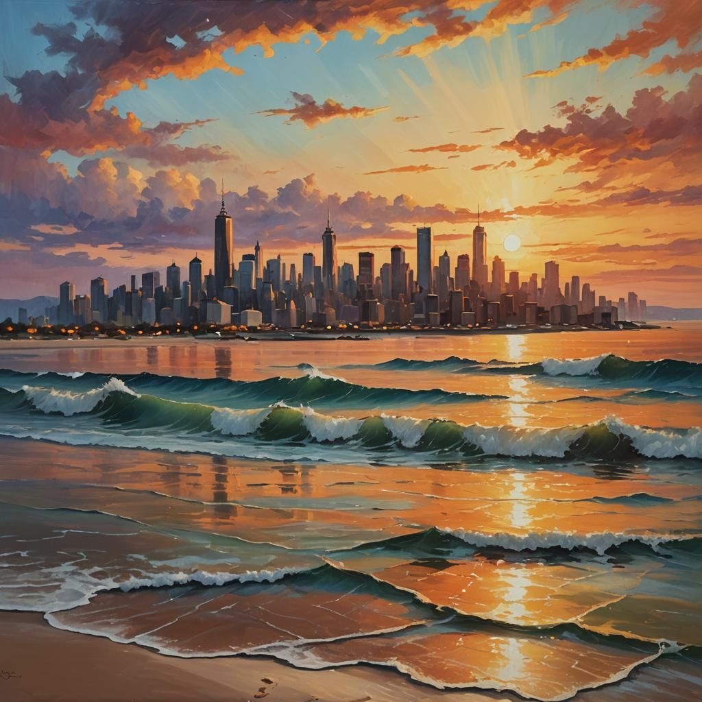 Golden Sunset Over Ocean and Skyline as Oil Painting