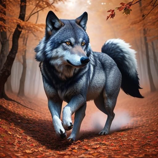 Blue Wolves in Autumn Forest: Wildlife Photography
