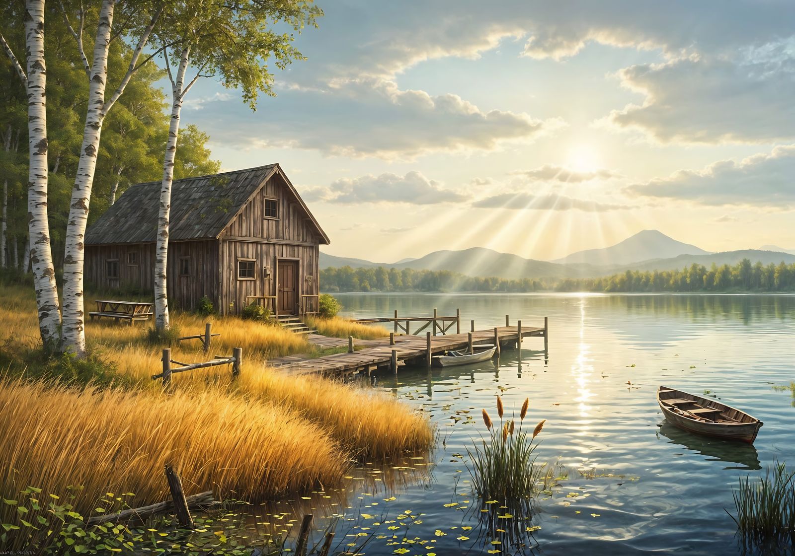 Lakeside Boathouse in Painterly Realism