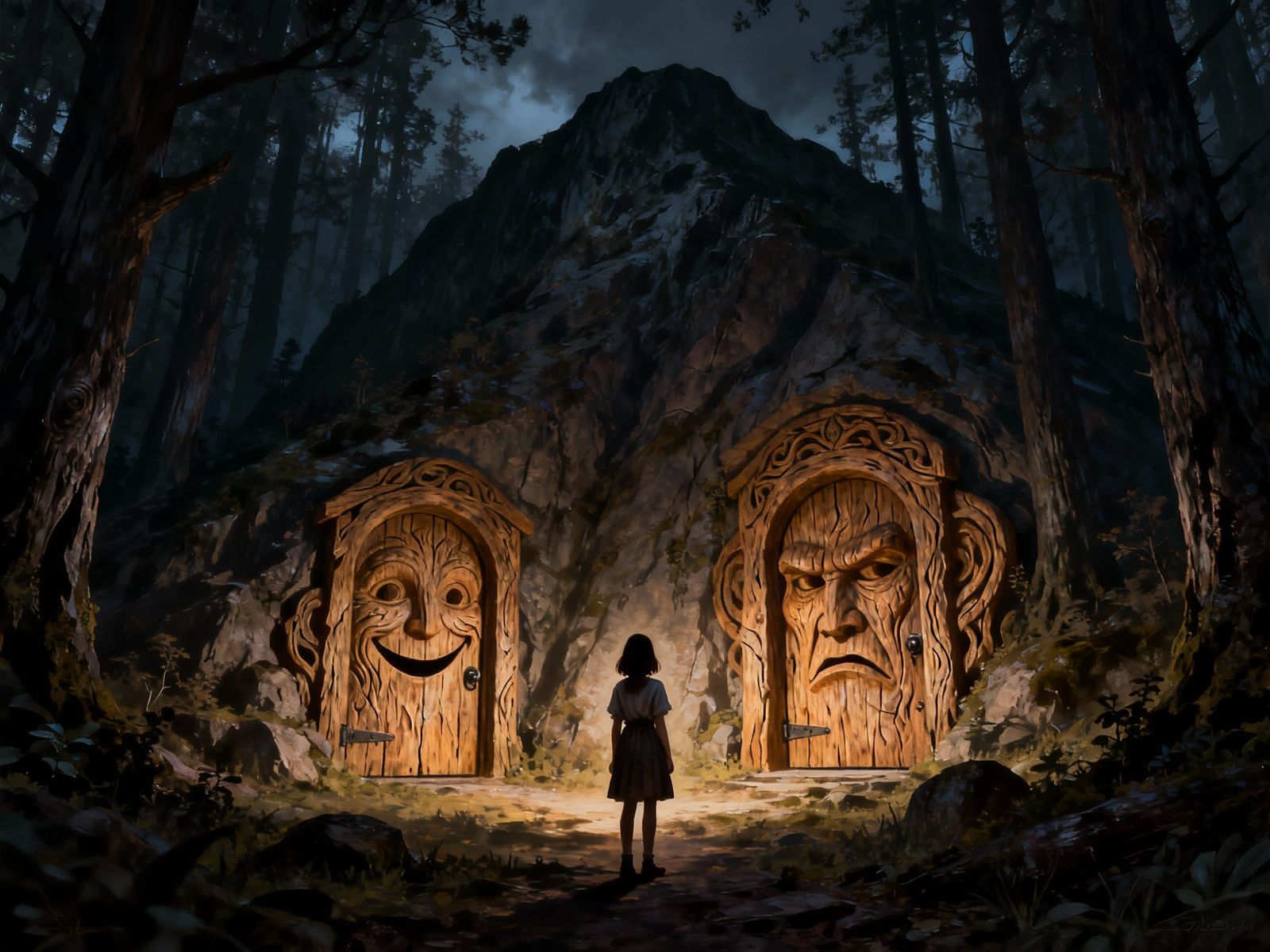 Girl Faces Mountain Doors in Dark Woods Fantasy Art