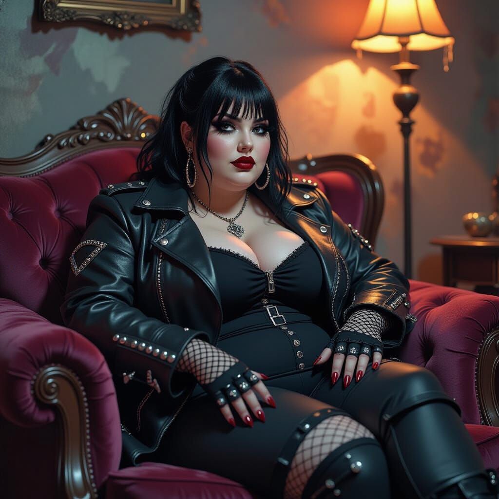 Obese Goth Woman in Leather Jacket on Velvet Couch