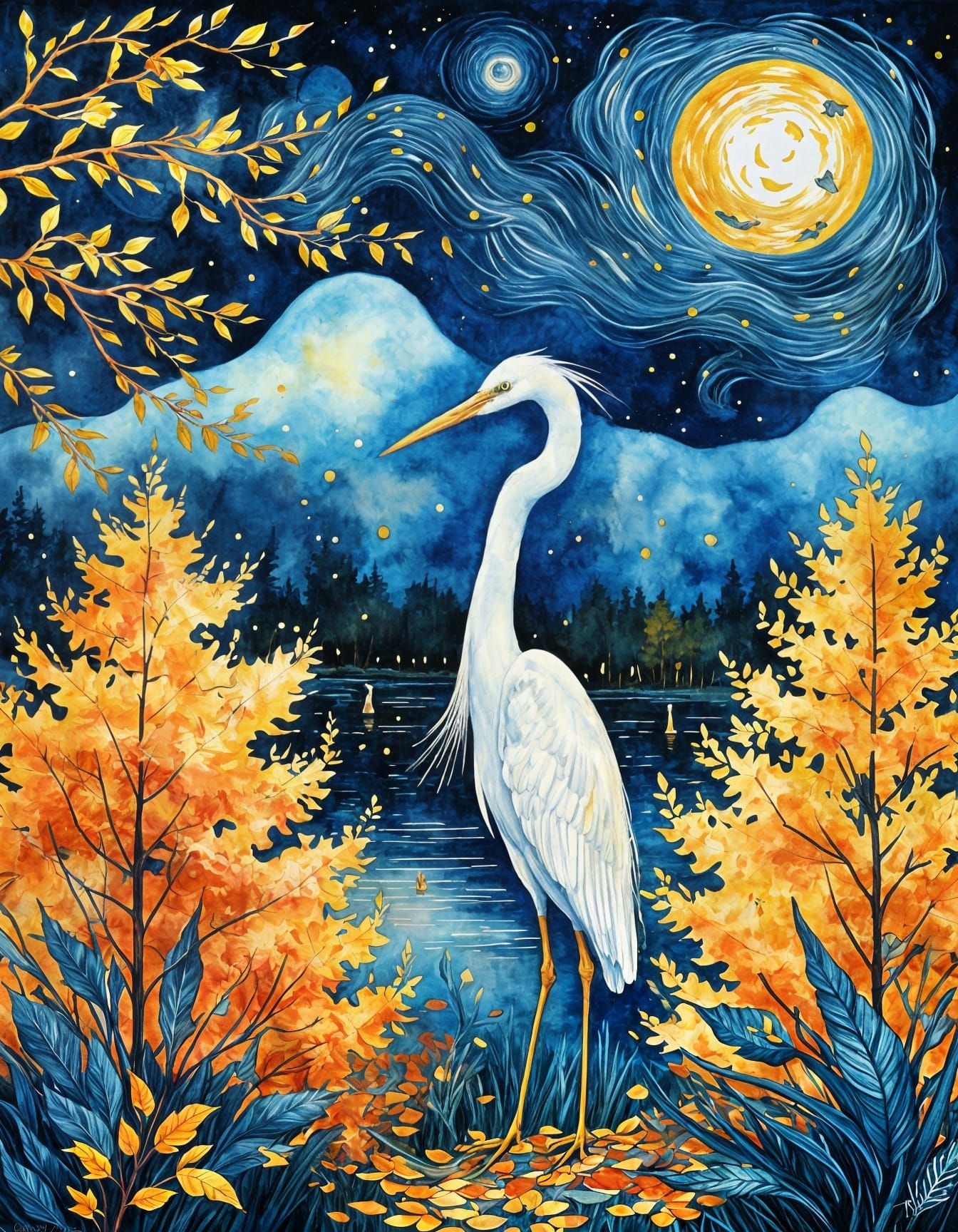 Egret in Autumn Dreamscape: Van Gogh Watercolor
