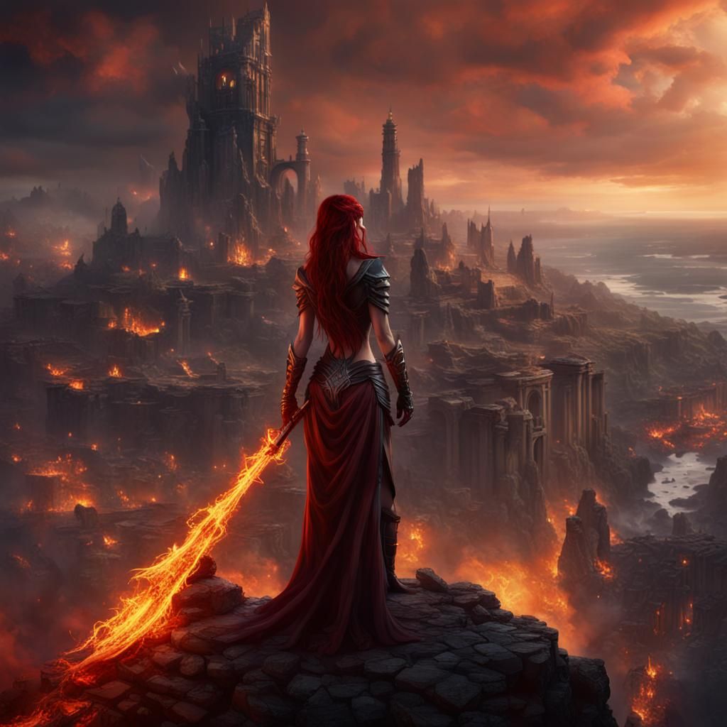 Goddess of Revenge Overlooks Burning City