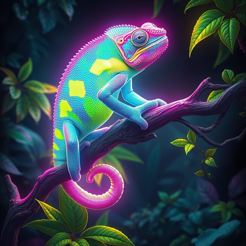 Vibrant Chameleon Shines in Neon Hues on Twisted Jungle Bran...