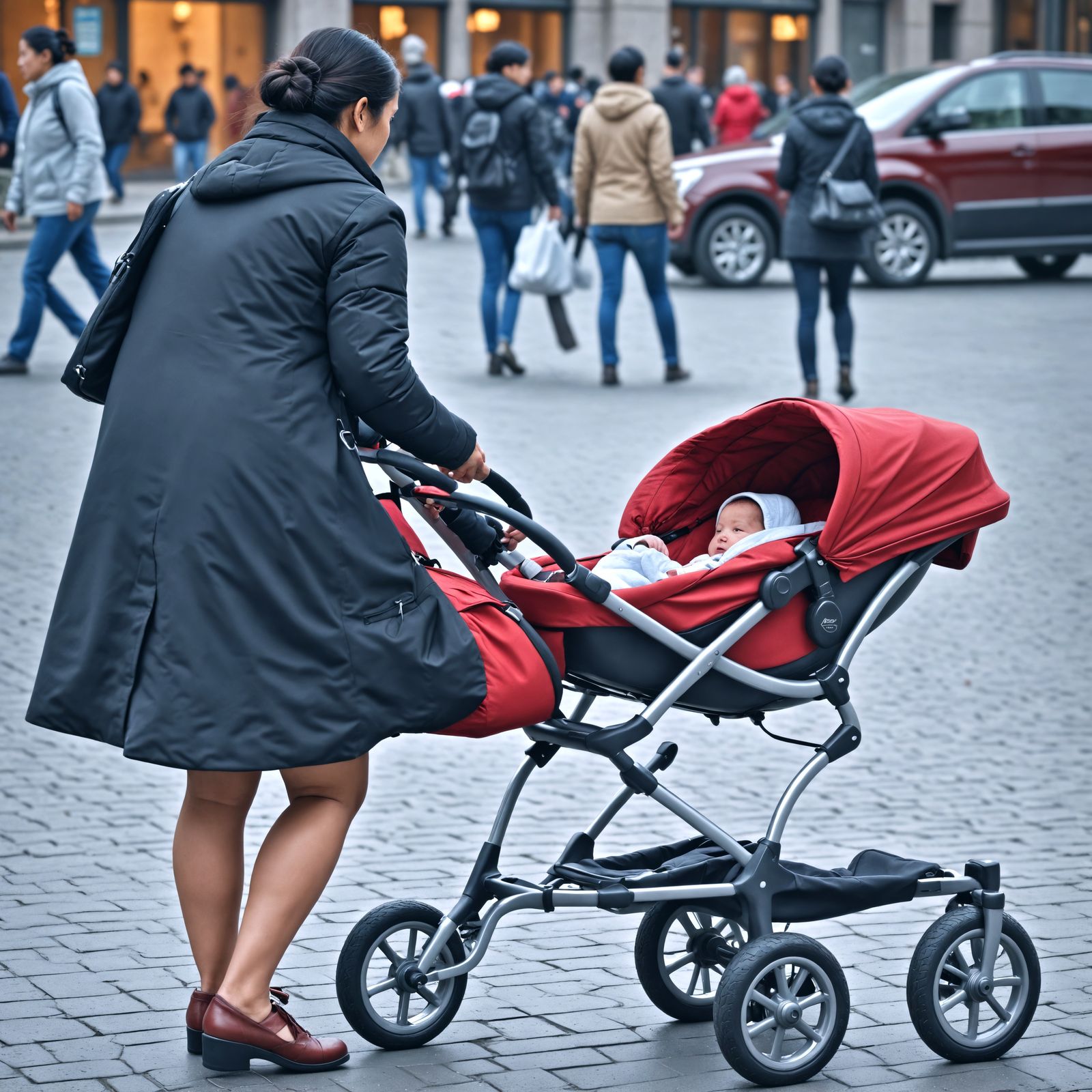 Mother and Baby Carriage in Hyperrealistic Style