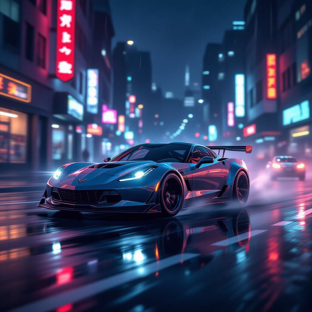 Corvette Slides Through Neon-Lit Wet City Street