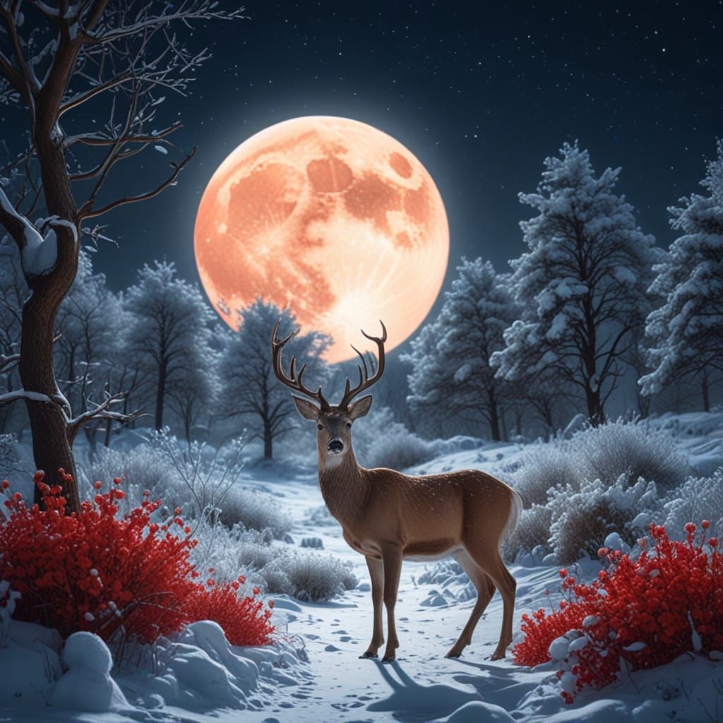 Whimsical Deer Under Full Moon at Night