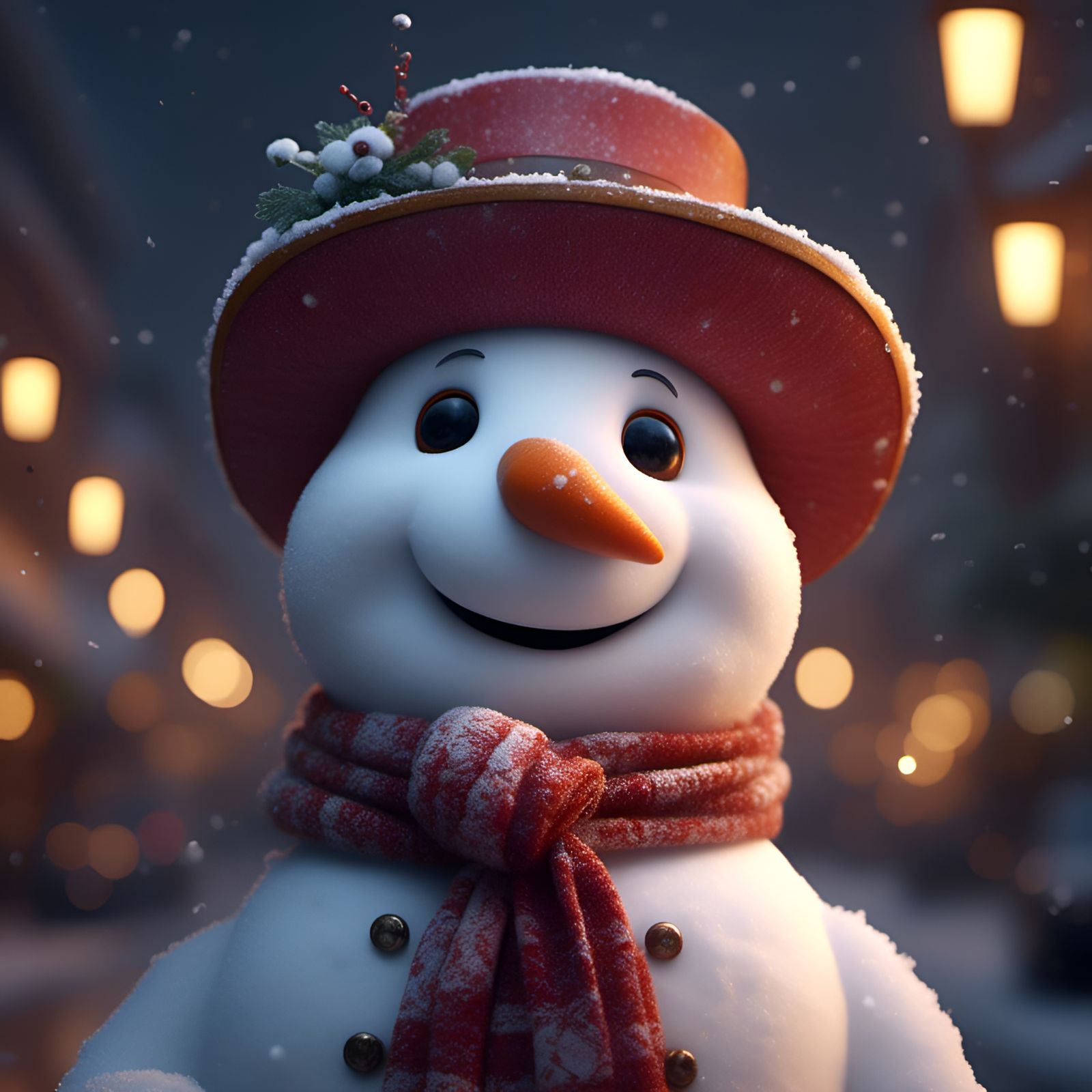 Adorable Happy Snowman Portrait in Detailed 3D Style