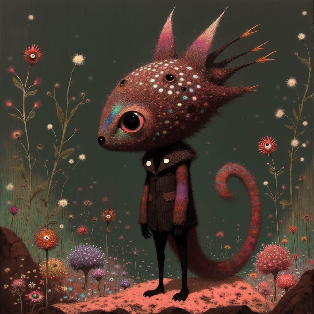 Whimsical Feline-Quoll Hybrid Amidst Vibrant Floral Dreamsca...