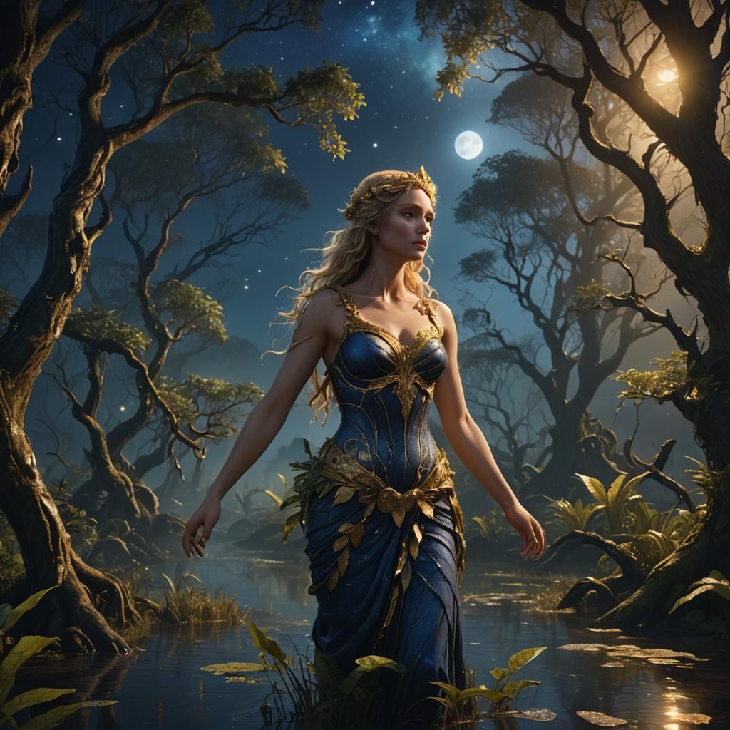 Aphrodite in Luminescent Swamp Forest Concept Art