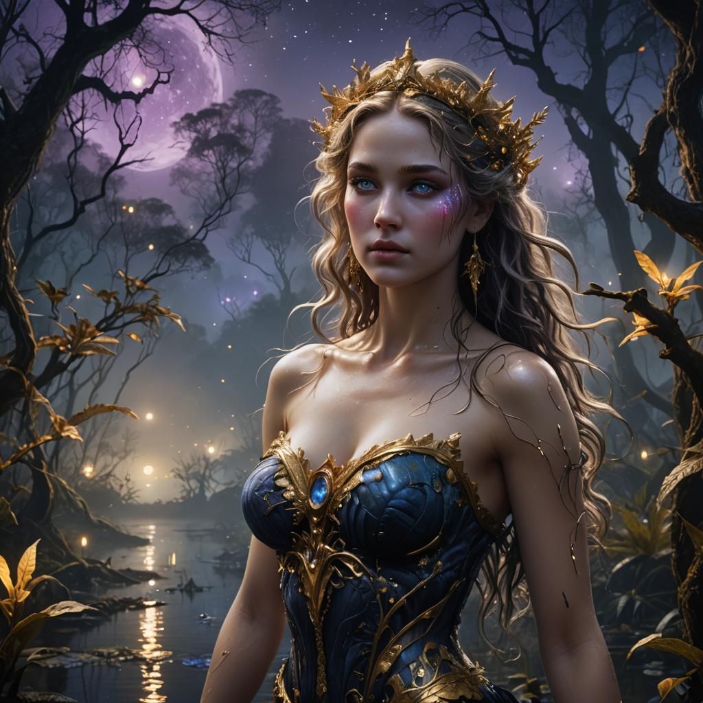 Aphrodite in Bioluminescent Swamp: Art Nouveau Style