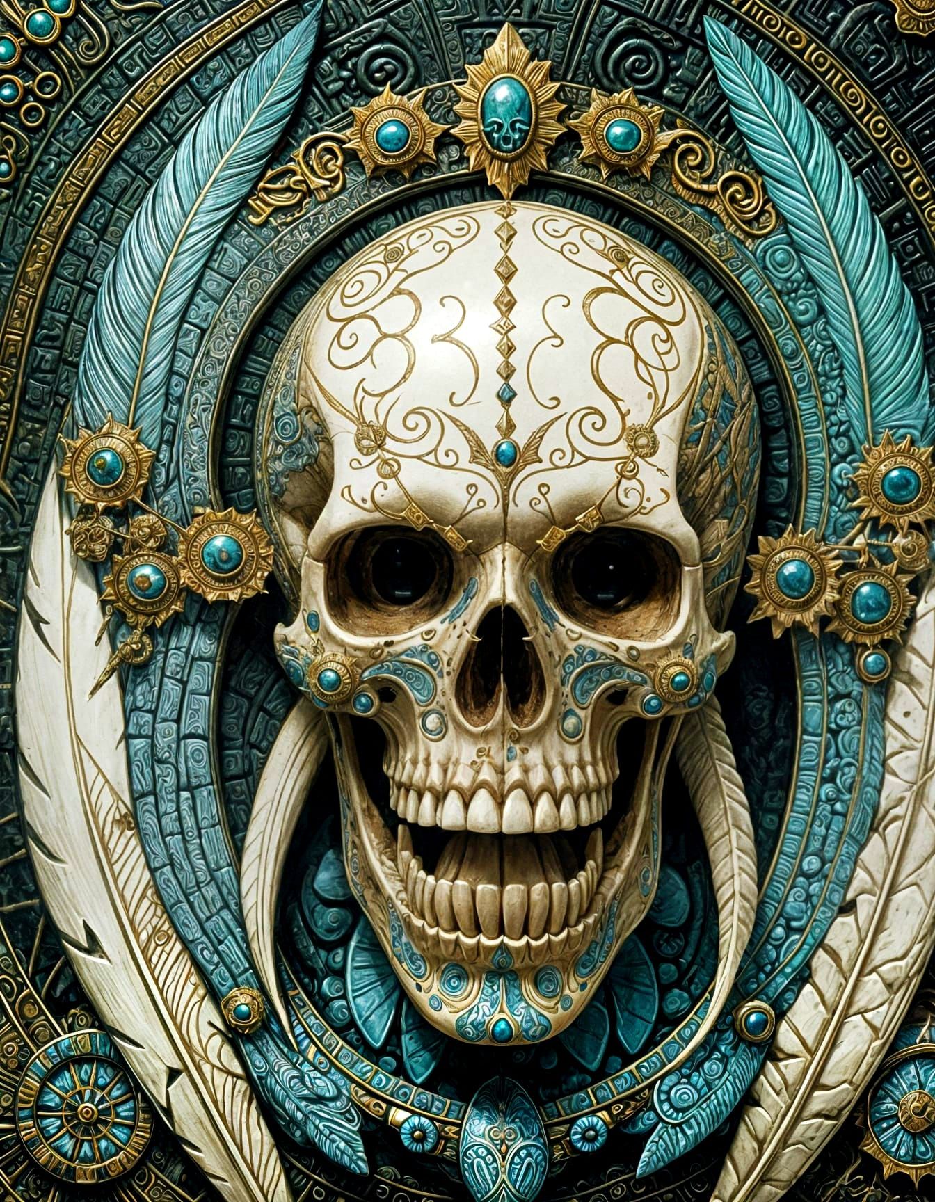 Aztec Skull Painting in Surrealist Style