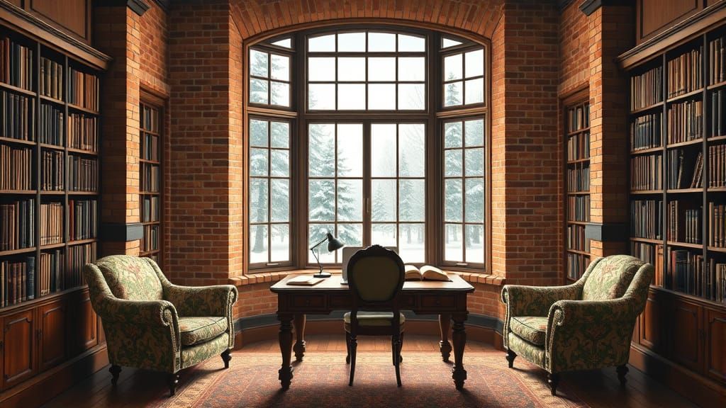 Victorian Library in Cozy Winter Landscape Oil Painting