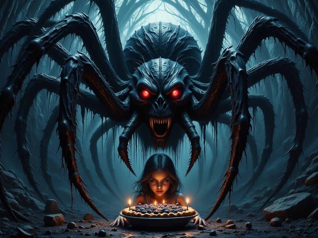 Giant Bloody Spider Threatens Girl: 3D Render