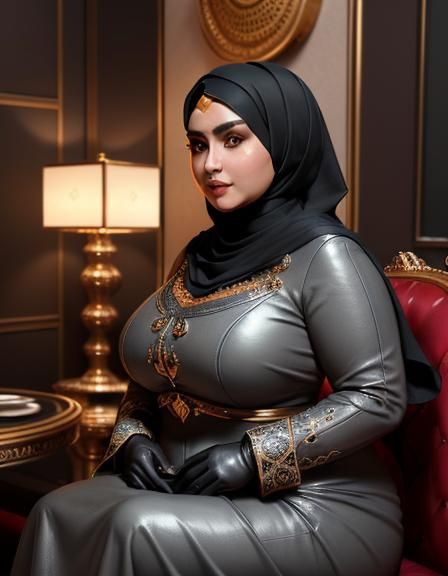 Middle Eastern Woman in Elegant Grey Attire, Sitting in Luxu...