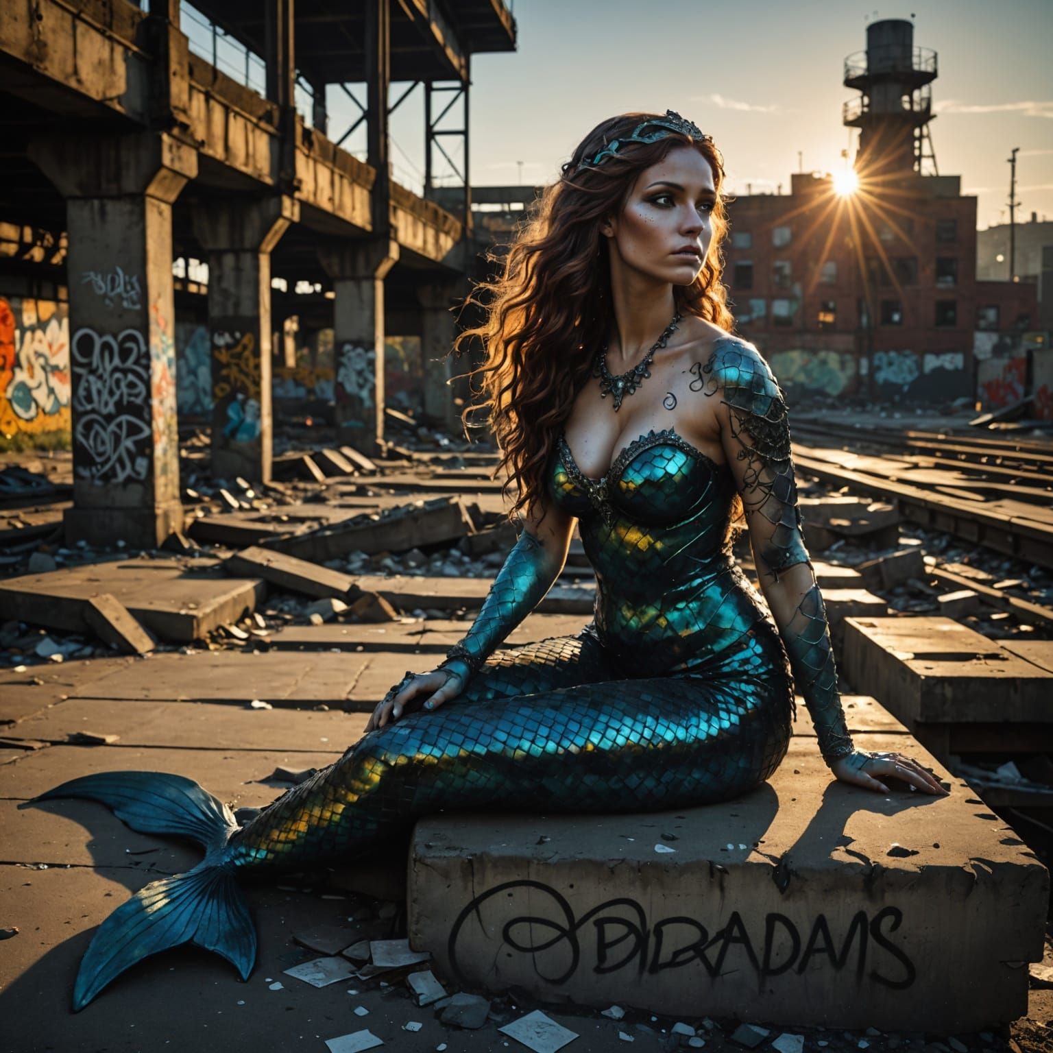Obsidian Mermaid on Graffiti Overpass at Sunset