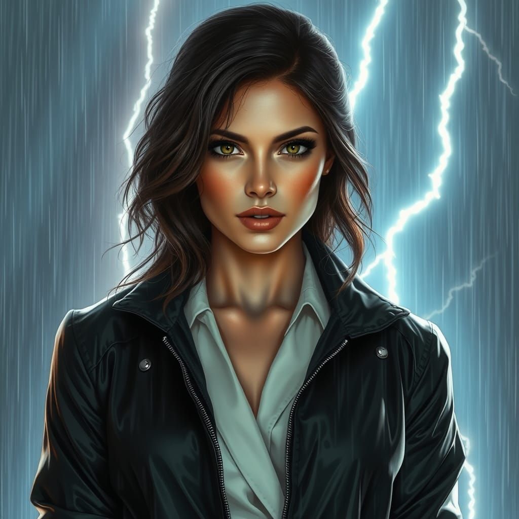 Hyperrealistic Woman in Storm with Suit Jacket